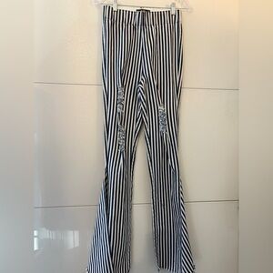 L&B Navy and White‎ Striped Flare Distressed Curve Loving Pull-On Jeans